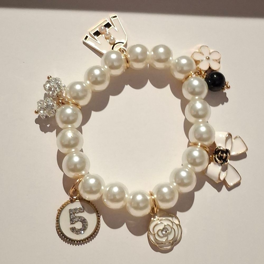 Designer Inspired Camellia Flower Perfume Bottle Charm Pearl Bracelet
